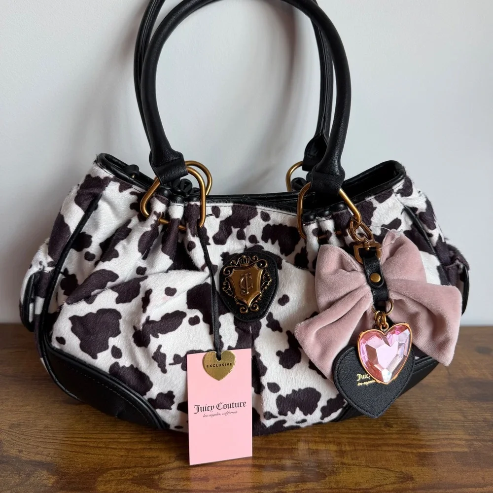New Juicy Couture Romance Cow Satchel Shoulder Handbag Black Pink Bow Y2K Cute